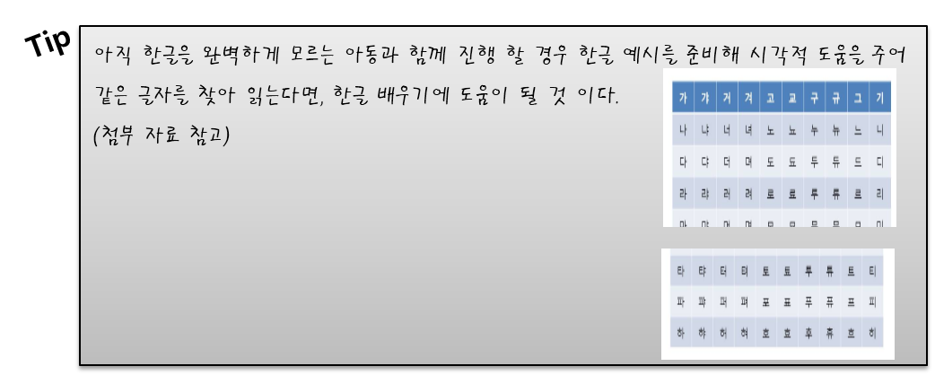 Tip. 아직 한글을 완벽하게 모르는 아동과 함께 진행 할 경우 한글 예시를 준비해 시각적 도움을 주어 같은 글자를 찾아 읽는다면, 한글 배우기에 도움이 될 것 이다.(첨부 자료 참고)